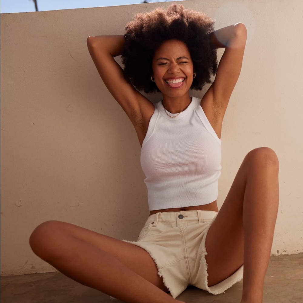 Aerie White Ribbed Raw Hem Tank Too Size Large Casual Basic